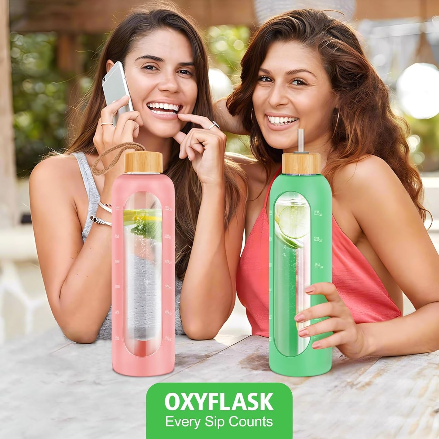 Glass Water Bottles 32 oz - Motivational Drinking Glass Water Bottle with Silicone Sleeve, Straw & 2 Bamboo Lids - 1 Liter Clear Borosilicate Daily Intake Tumbler with Time Marker - Jade Green