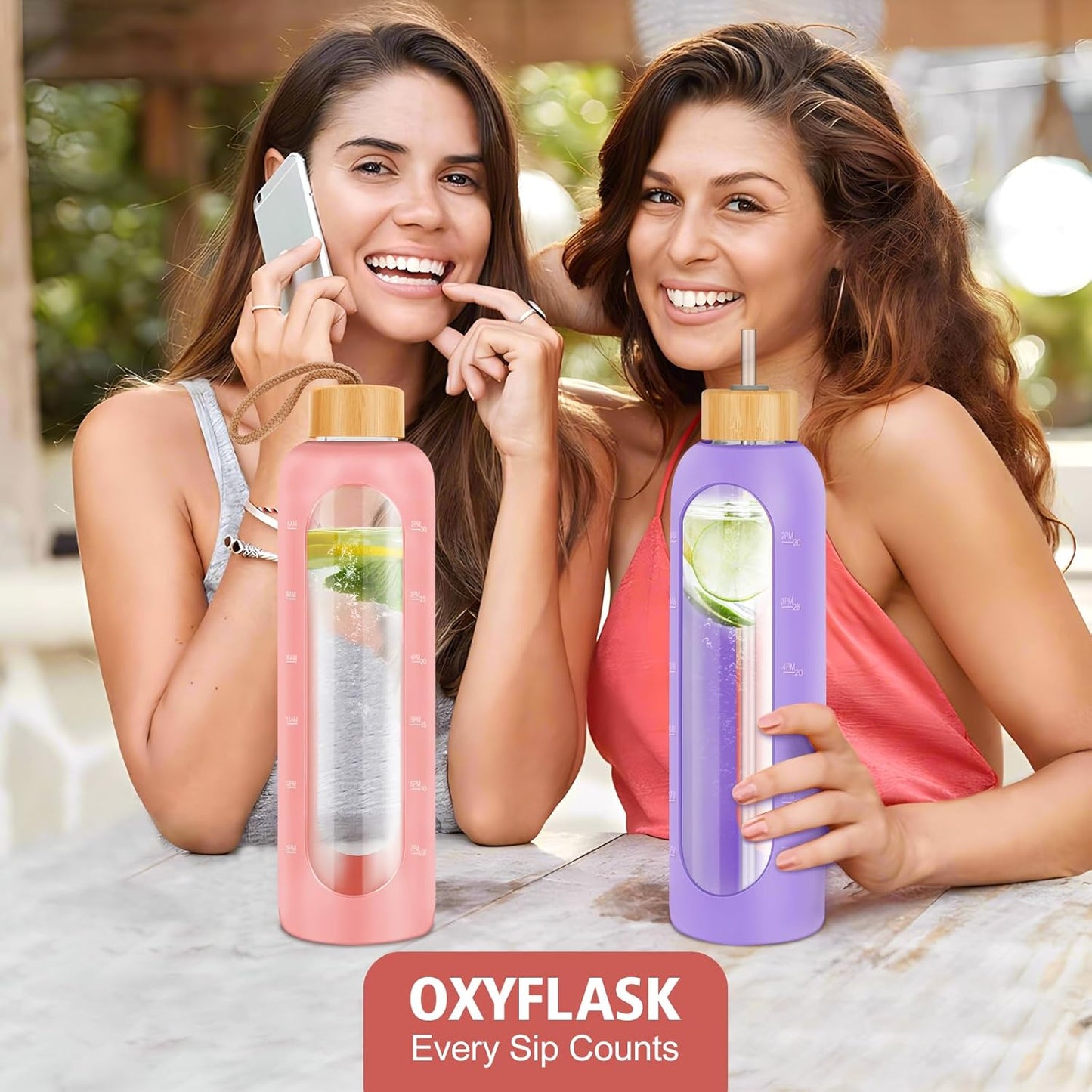 Glass Water Bottles 32 oz - Motivational Drinking Glass Water Bottle with Silicone Sleeve, Straw & 2 Bamboo Lids - 1 Liter Clear Borosilicate Daily Intake Tumbler with Time Marker - Pink