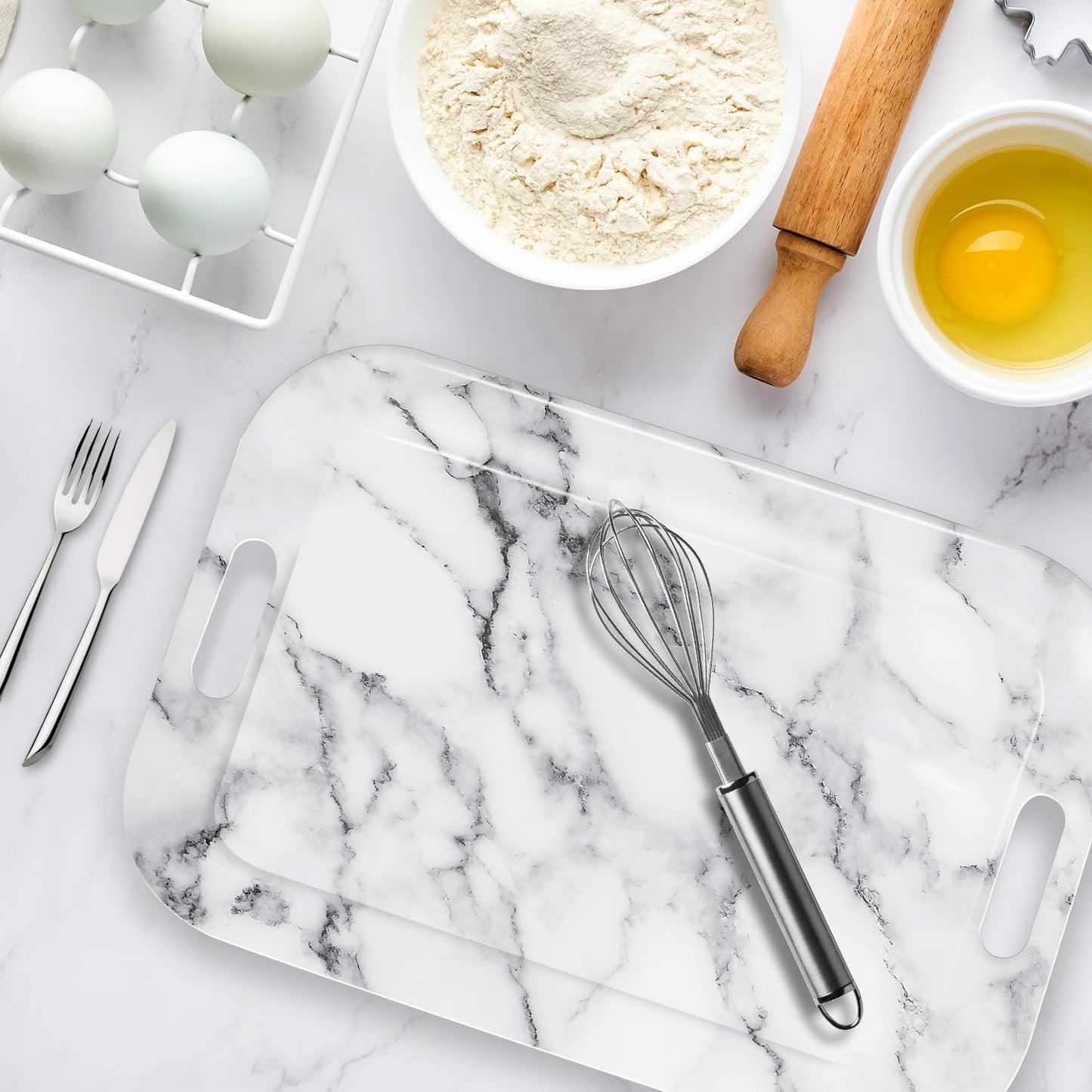 Serving Trays with Handles, 14.5 x 9.8 inch Rectangular Plastic Tray for Restaurant, Kitchen, Gray White Marble