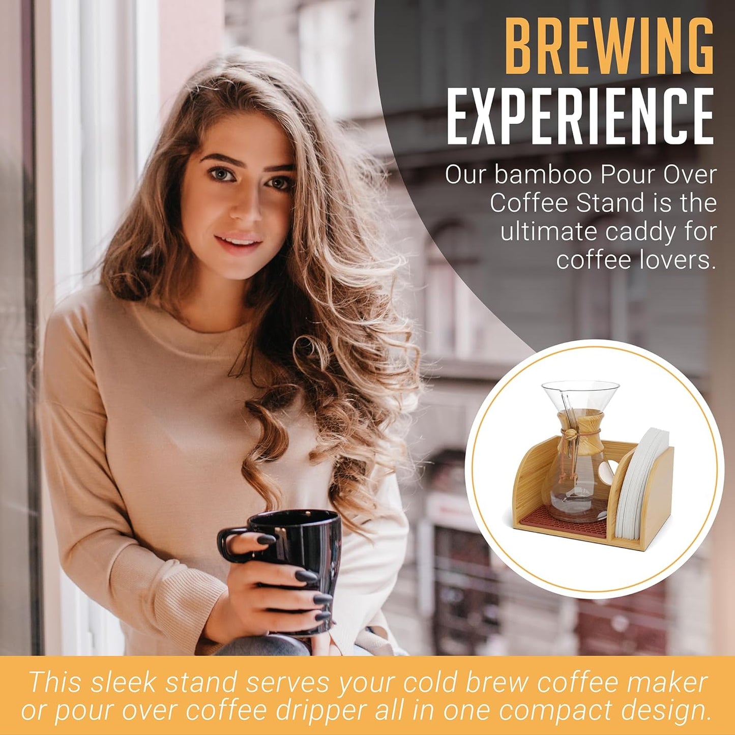 HEXNUB Bamboo Caddy for Pour Over Coffee Maker, Fits Chemex, Bodum, Cosori, Heatproof Mat, Filter Holder