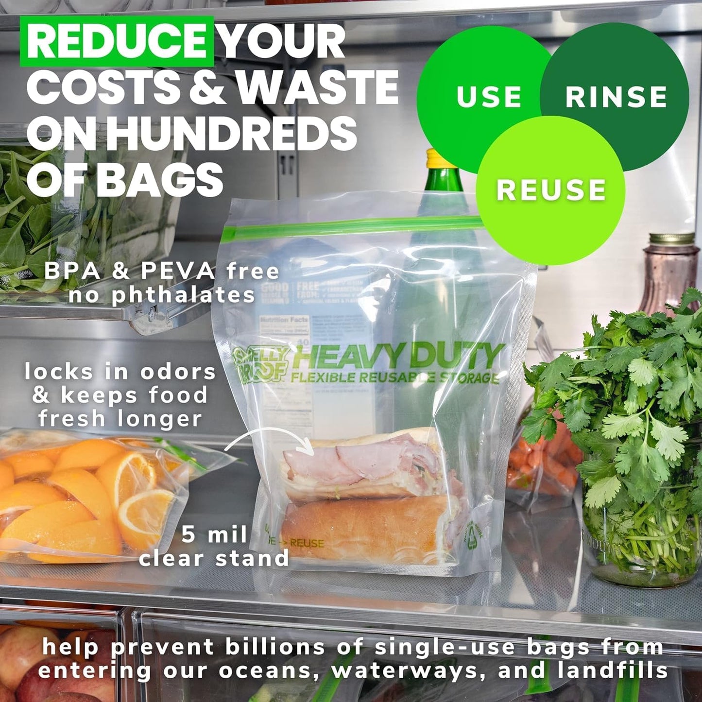 BULK VALUE, Smelly Proof 50-Pack HEAVY DUTY 5-mil Reusable Bags, Stand-Up, Expandable, Dishwasher-Safe, Odor-Proof, Durable Poly Nylon (Non-Silicone) US-Made 8.5" x 10" Quart 50pk