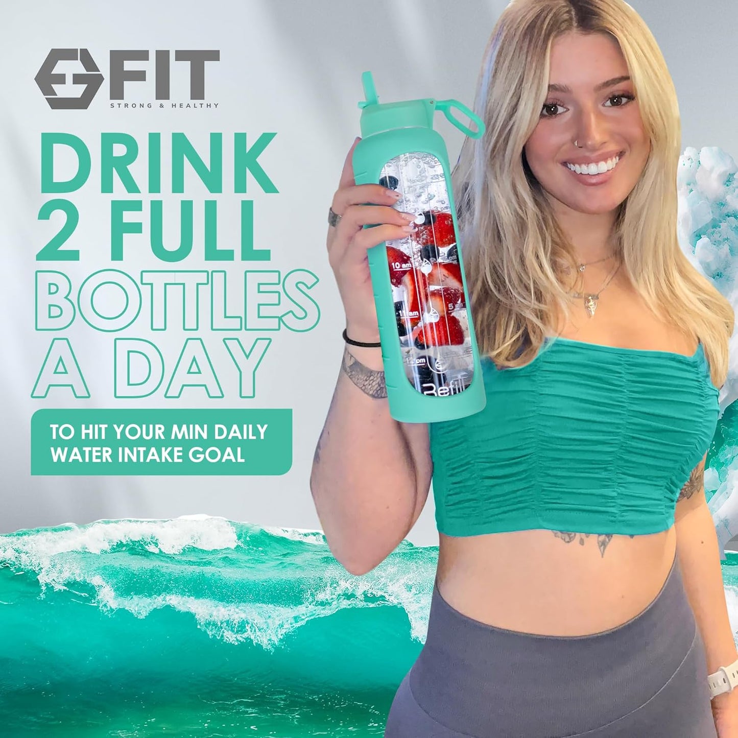 FIT Strong & Healthy 32 oz Glass Water Bottle with Straw Lid, Time Marker, Sleeve & Extra Lid - Motivational, Wide Mouth 1 Liter Glass Drinking Bottle