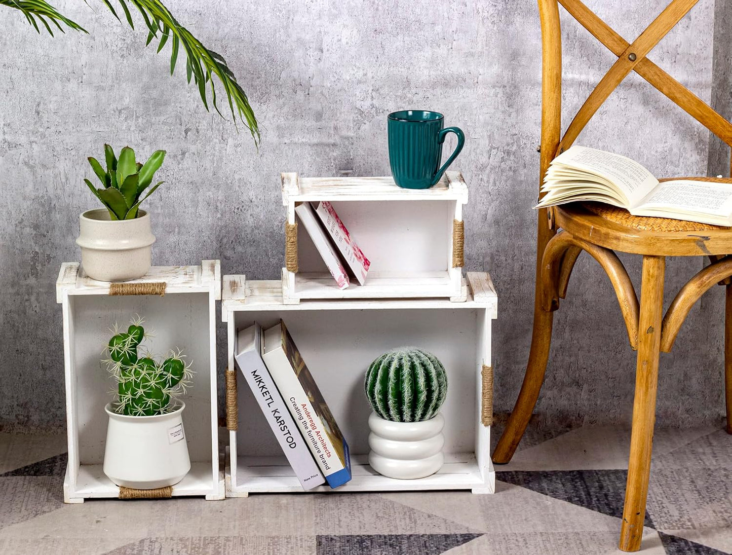 TIMRIS Set of 3 Rustic Wood Nesting Crates, Farmhouse Wooden Storage Container Boxes with Cutout Handles, Decorative Wooden Baskets for Display (Whitewash)