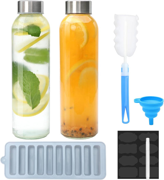Brajttt Glass Juice Bottle with Lids,16oz Juicing Bottles Reusable, Clear Glass Water Bottles 16 oz with Stainless Steel Airtight Cap,Juice Beverage Container, Leak Proof，Set of 2