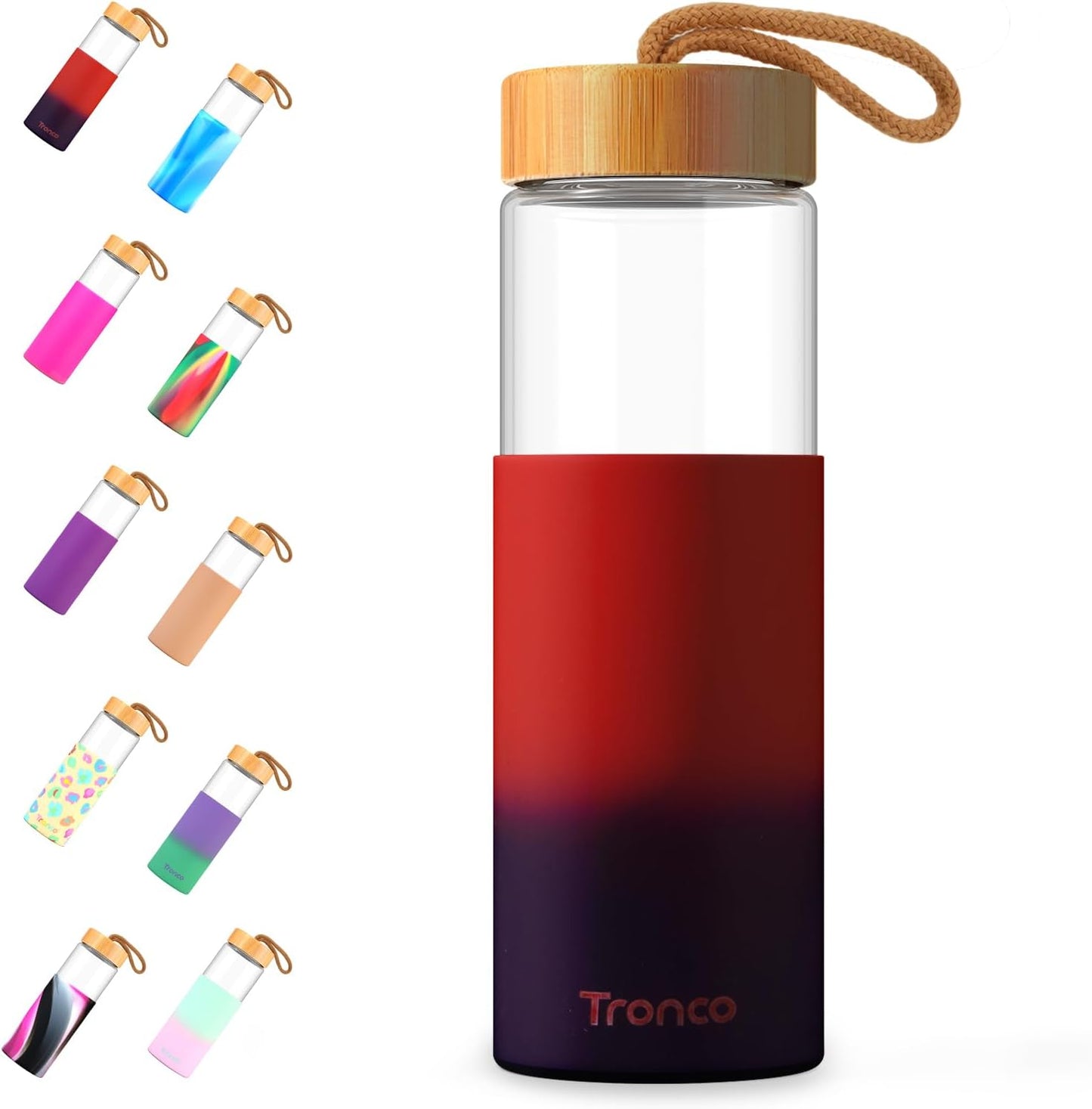 Tronco 24oz Glass Water Bottles with Bamboo Lid & Silicone Sleeve, Leak Proof, BPA Free, Reusable Borosilicate Glass Bottles for Juicing, Smoothies, Juice & Water, for Men & Women Gym, Office, Travel