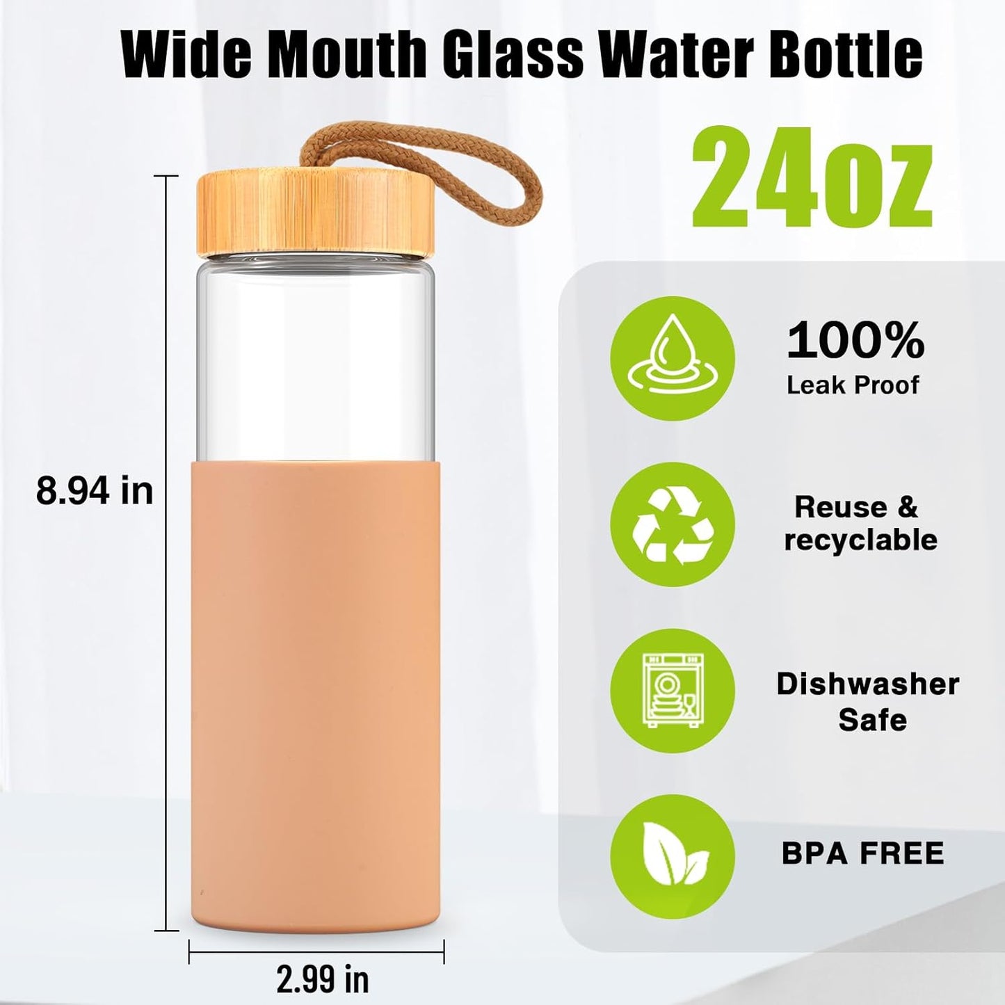 Tronco 24oz Glass Water Bottles with Bamboo Lid & Silicone Sleeve, Leak Proof, BPA Free, Reusable Borosilicate Glass Bottles for Juicing, Smoothies, Juice & Water, for Men & Women Gym, Office, Travel
