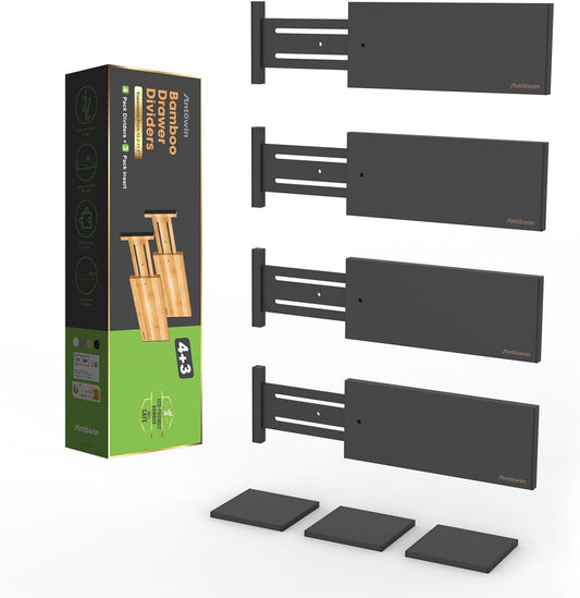 ANTOWIN 4 Pack Expandable Drawer Dividers, 4.7'' High, Extend from 12.2'' to 17.7'', Dresser Drawer Organizers, Bamboo Separators for Kitchen, Bedroom, Office, Bathroom (Black)