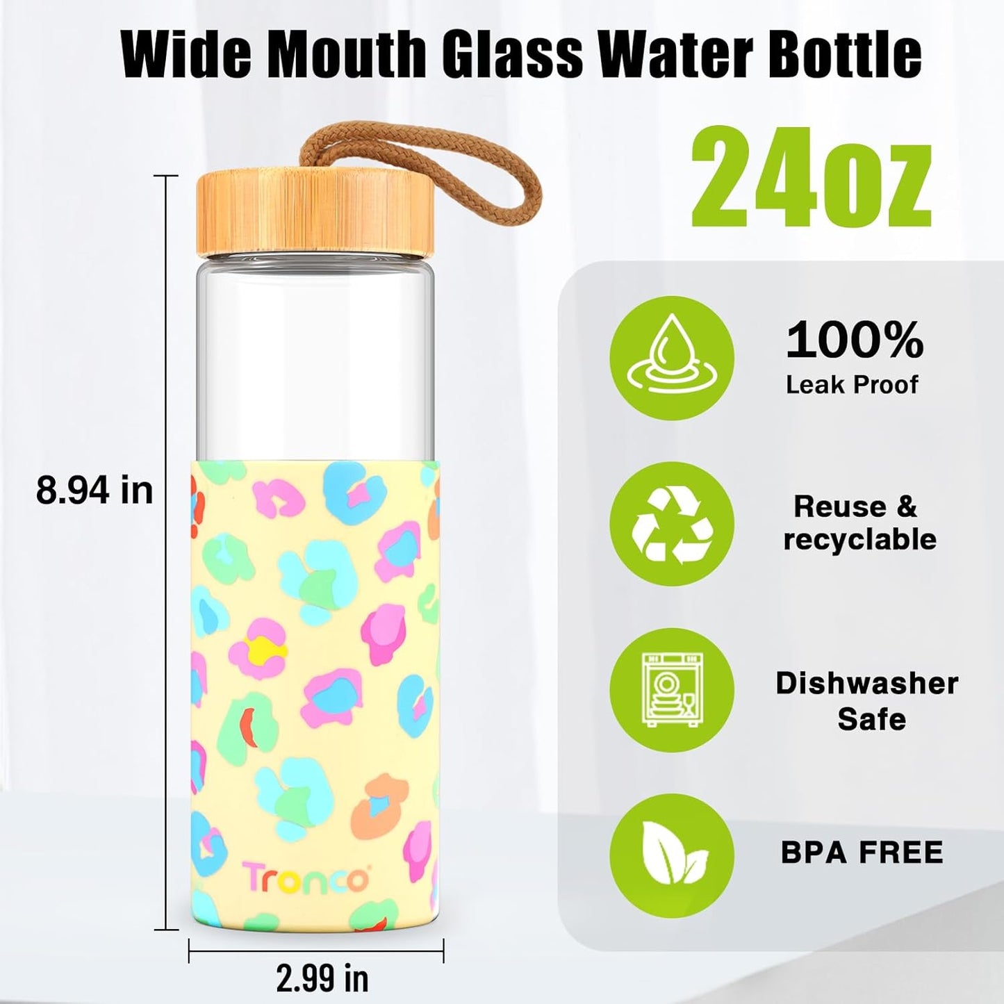 Tronco 24oz Glass Water Bottles with Bamboo Lid & Silicone Sleeve, Leak Proof, BPA Free, Reusable Borosilicate Glass Bottles for Juicing, Smoothies, Juice & Water, for Men & Women Gym, Office, Travel