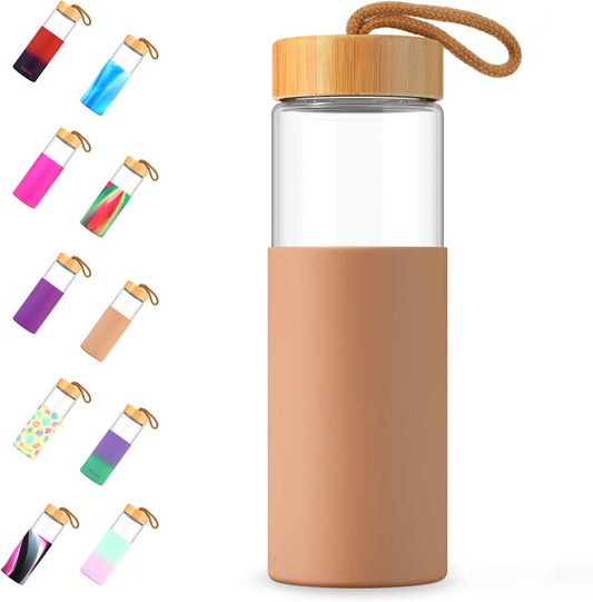 Tronco 24oz Glass Water Bottles with Bamboo Lid & Silicone Sleeve, Leak Proof, BPA Free, Reusable Borosilicate Glass Bottles for Juicing, Smoothies, Juice & Water, for Men & Women Gym, Office, Travel