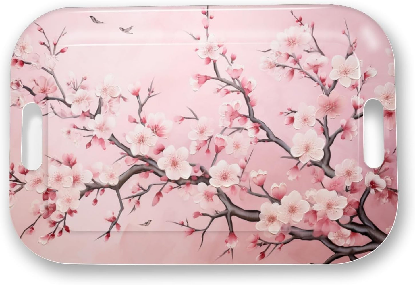 Serving Trays with Handles, 14.5 x 9.8 inch Rectangular Plastic Tray for Restaurant, Kitchen, Pink Cherry Blossom