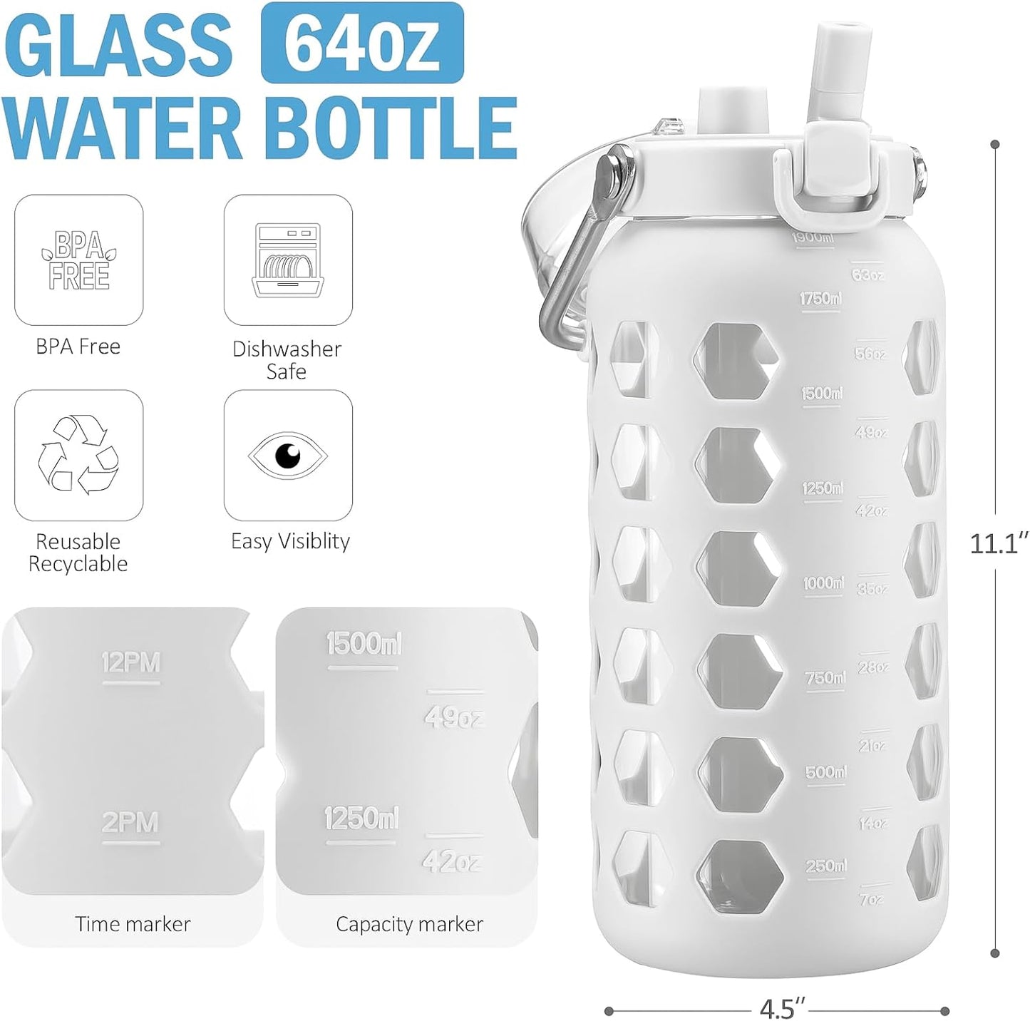 MUKOKO 64oz Glass Water Bottles with Straw and Lid,Half Gallon Water Bottle with Time Marker,Large Glass Water Jug with Silicone Sleeve and Stainless Steel Handle-White