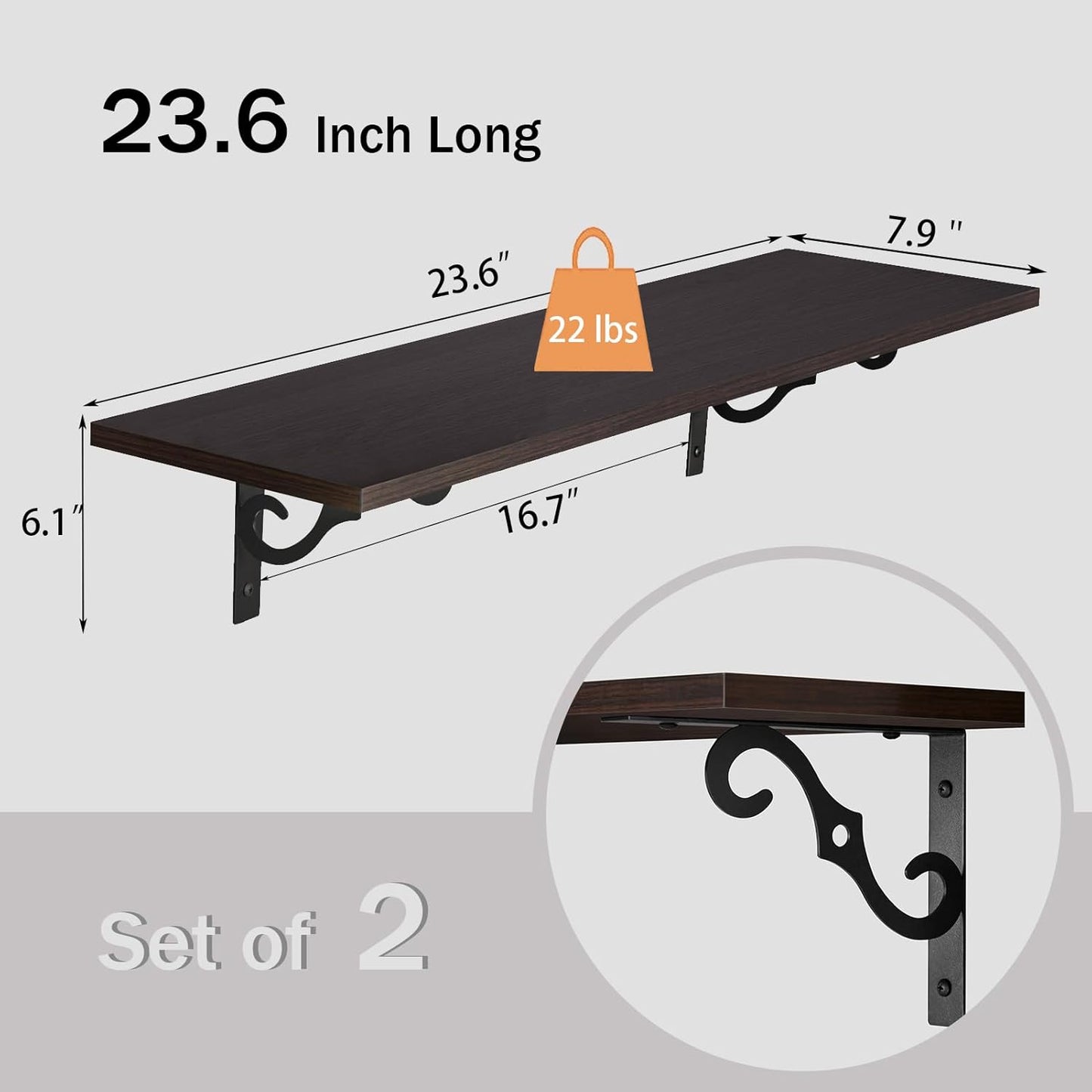 DINZI LVJ Long Wall Shelves, 23.6 Inch Large Floating Shelves Set of 2, Wide Display Shelf Wall Mounted with Brackets, Easy Hanging for Living Room, Toilet, Office, Bedroom, Espresso