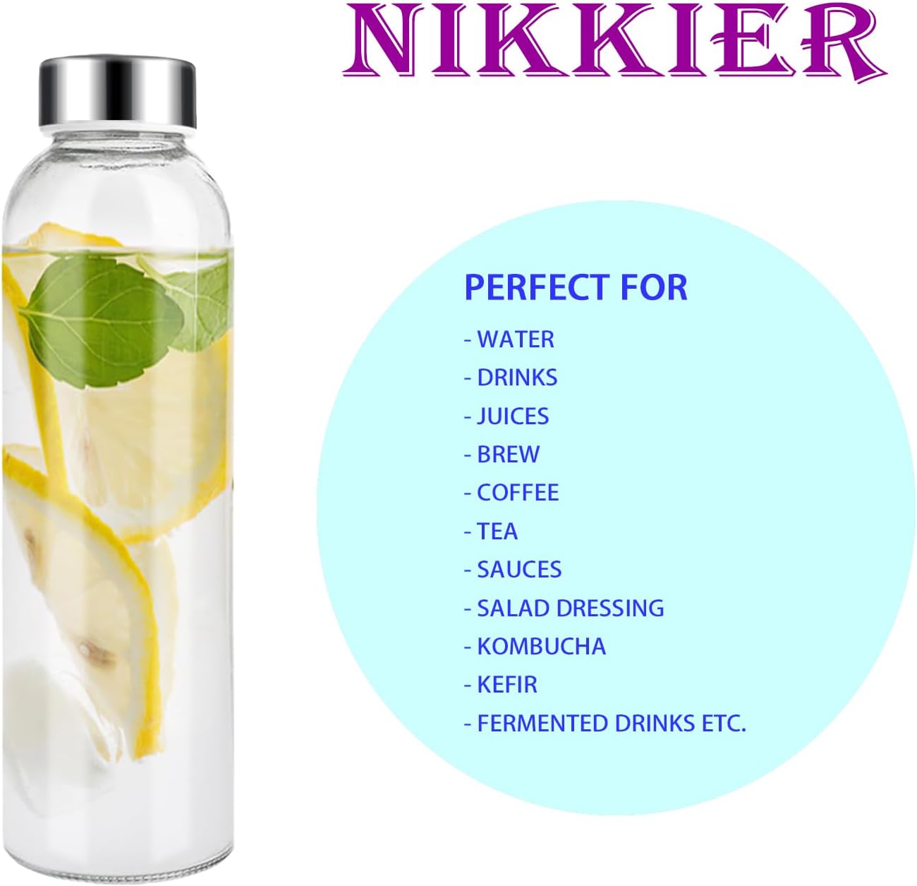 Clear Glass Bottles with Lids 6pcs Set 18oz,Reusable Glass Water Bottle with Stainless Steel Cap, 100% Leak Proof,Can be Used for Fruit Juice, Tea, Water, etc