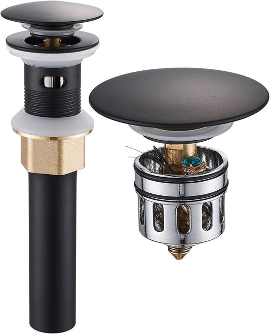 Vessel Sink Drain, Bathroom Faucet Vessel Sink Pop Up Drain Stopper, Built-in Anti-Clogging Strainer, with Overflow Matt Black, Fits Standard American Drain Hole(1-1/2" to 1-3/4") RWF083P