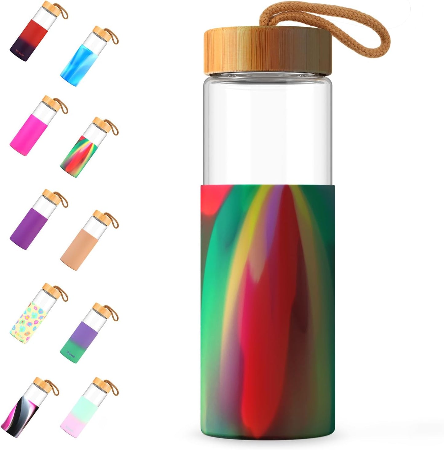 Tronco 24oz Glass Water Bottles with Bamboo Lid & Silicone Sleeve, Leak Proof, BPA Free, Reusable Borosilicate Glass Bottles for Juicing, Smoothies, Juice & Water, for Men & Women Gym, Office, Travel