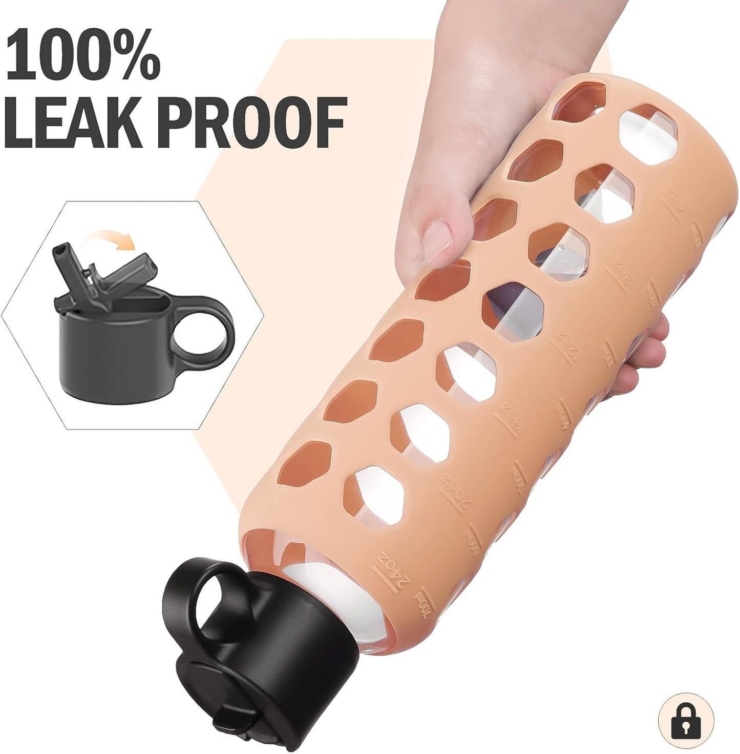 MUKOKO Glass Water Bottles, 24oz Glass Tumbler, Drinking Bottles with 2 Lids-Handle Flip Straw Lid&Bamboo Lid, Motivational Water Bottle with Time Marker and Silicone Sleeve, Leakproof-1 Pack-Amber