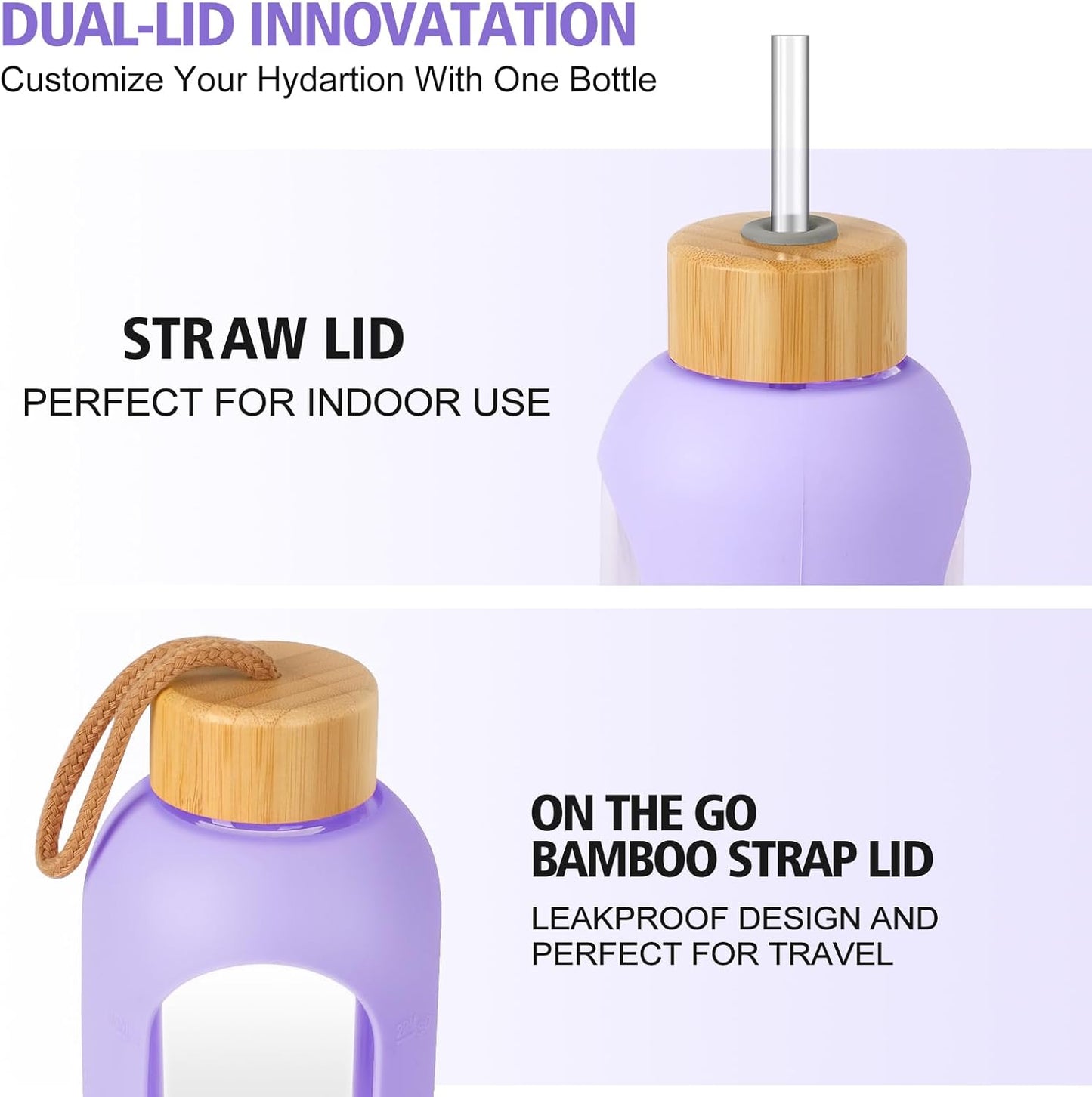 Glass Water Bottles 32 oz - Motivational Drinking Glass Water Bottle with Silicone Sleeve, Straw & 2 Bamboo Lids - 1 Liter Clear Borosilicate Daily Intake Tumbler with Time Marker - Violet