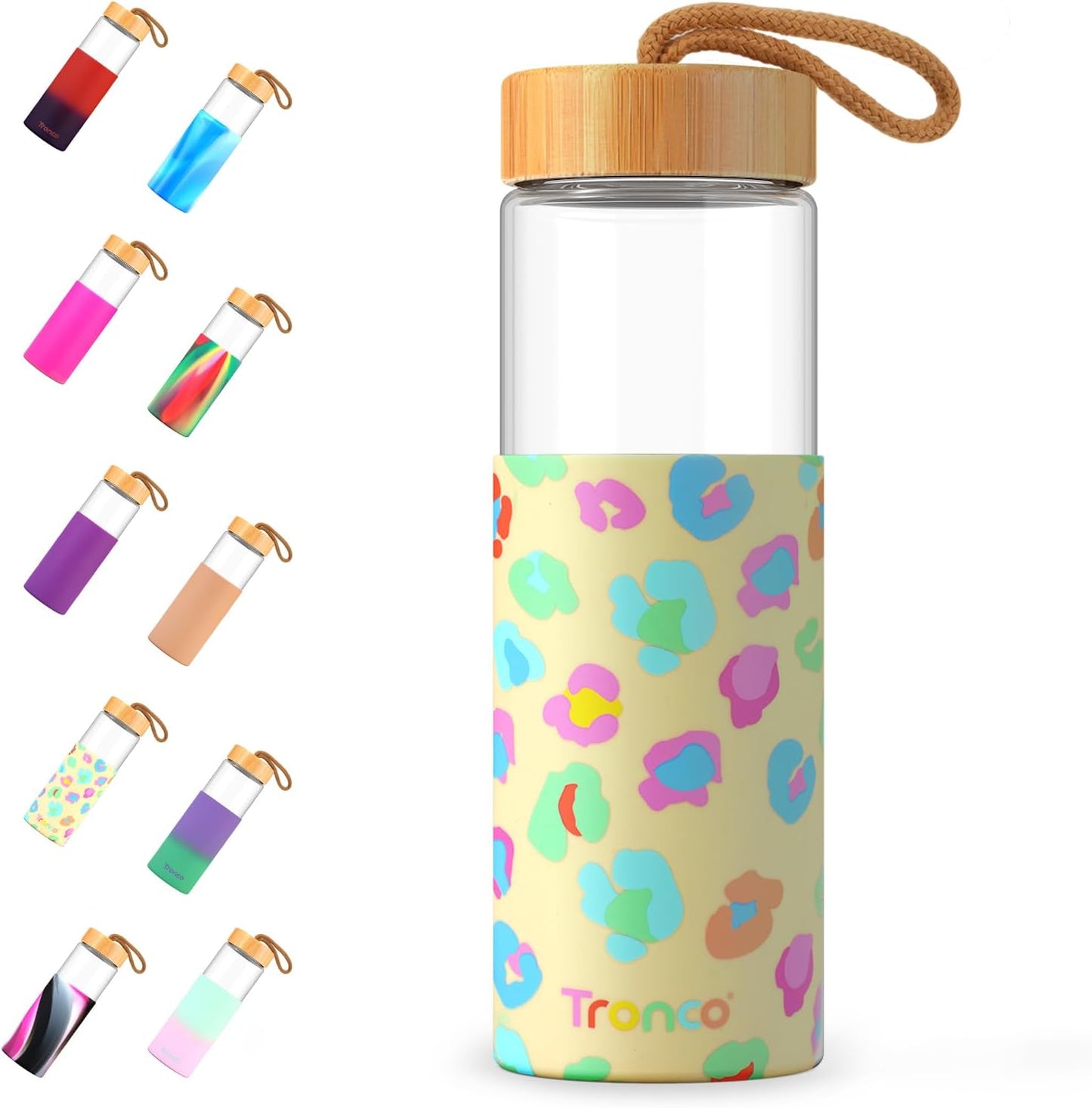 Tronco 24oz Glass Water Bottles with Bamboo Lid & Silicone Sleeve, Leak Proof, BPA Free, Reusable Borosilicate Glass Bottles for Juicing, Smoothies, Juice & Water, for Men & Women Gym, Office, Travel