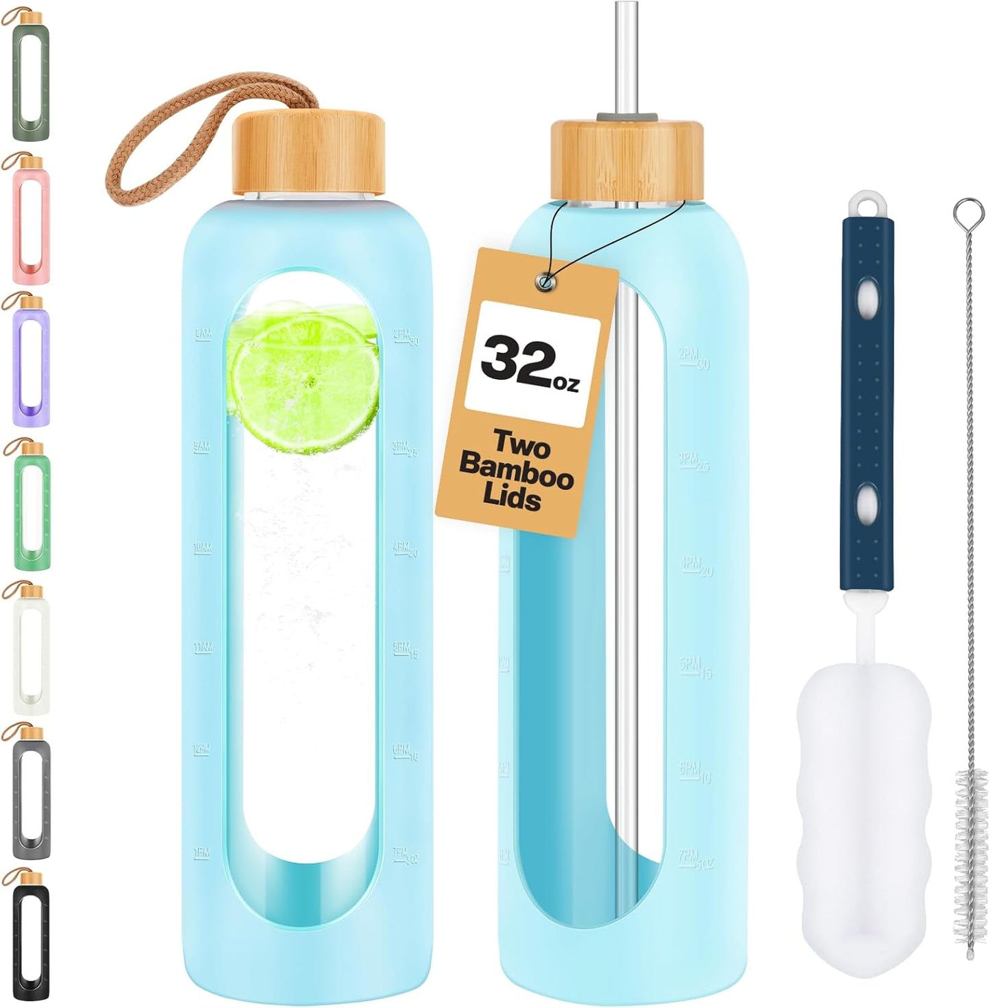 Glass Water Bottles 32 oz - Motivational Drinking Glass Water Bottle with Silicone Sleeve, Straw & 2 Bamboo Lids - 1 Liter Clear Borosilicate Daily Intake Tumbler with Time Marker - Glow in Dark