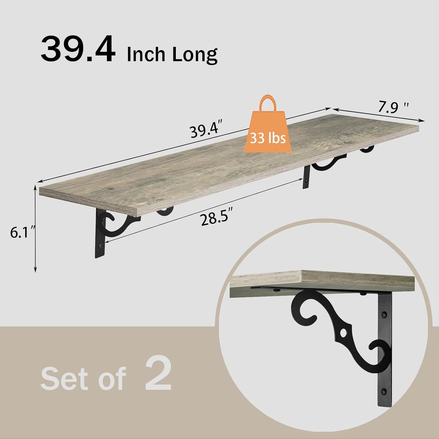 DINZI LVJ Long Wall Shelves, 39.4 Inch Large Floating Shelves Set of 2, Wide Display Shelf Wall Mounted with Brackets, Easy Hanging for Living Room, Toilet, Office, Bedroom, Gray Wash