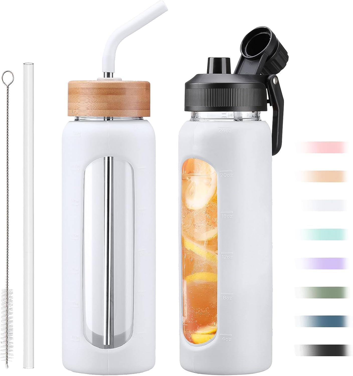 Glass Water Bottle with Straw, 24oz Glass Drinking Bottle with 2 Lids-Bamboo and Spout Lid with Phone Holder Handle for Gym Sports,with Silicone Sleeve and Time Marker,White