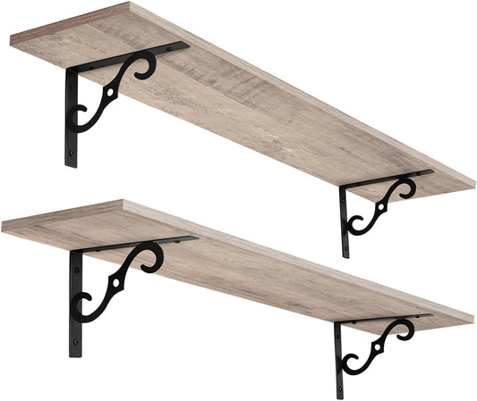 DINZI LVJ Long Wall Shelves, 31.5 Inch Large Floating Shelves Set of 2, Wide Display Shelf Wall Mounted with Brackets, Easy Hanging for Living Room, Toilet, Office, Bedroom, Greige