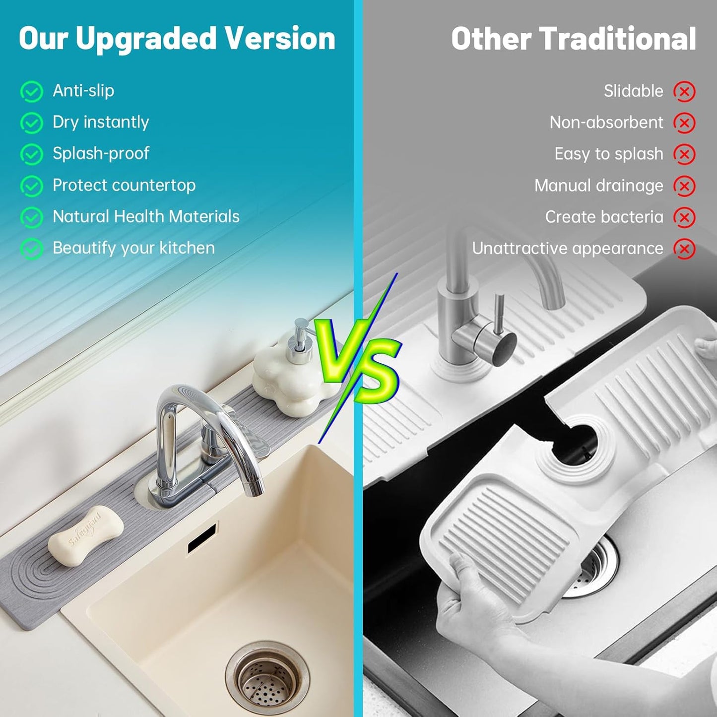 Stone Faucet Mat for Kitchen Sink with Oval Hole – 23.6" × 3.9" Diatomite Drying Stone Mat & Sink Protector, Quick-Dry Splash Guard Water-Absorbing Tray for Bathroom Counter（Gray.23.6" x 3.9"