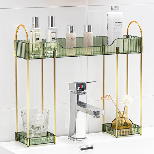 Makeup Organizer for Vanity,2-Tier Bathroom Sink Organizers Shelf Over Faucet Countertop Organizer Rack with Green Plastic Trays,n-Shaped Sink Storage for Bathroom Dresser