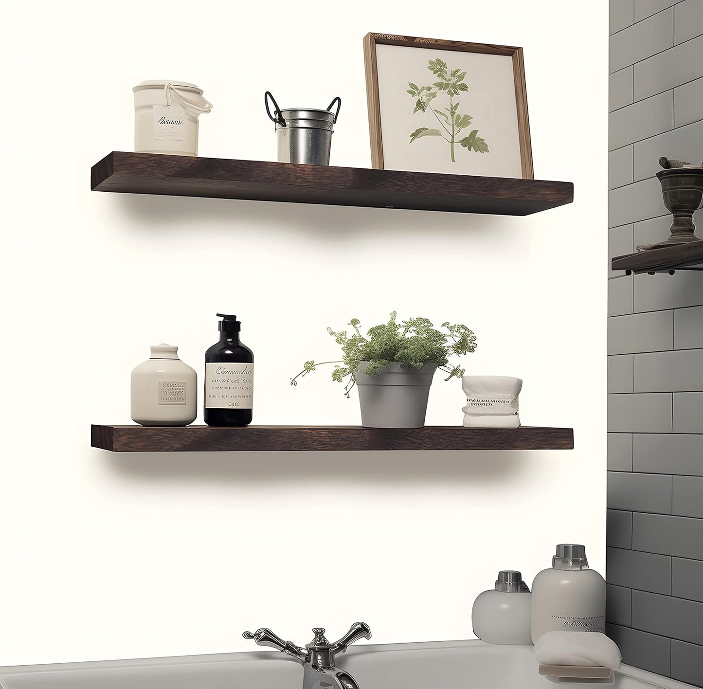 Wood Floating Shelves for Wall, Wooden Wall Shelves for Bedroom, Wall Mounted Shelves for Living Room, Set of 6 Brown 24 Inch