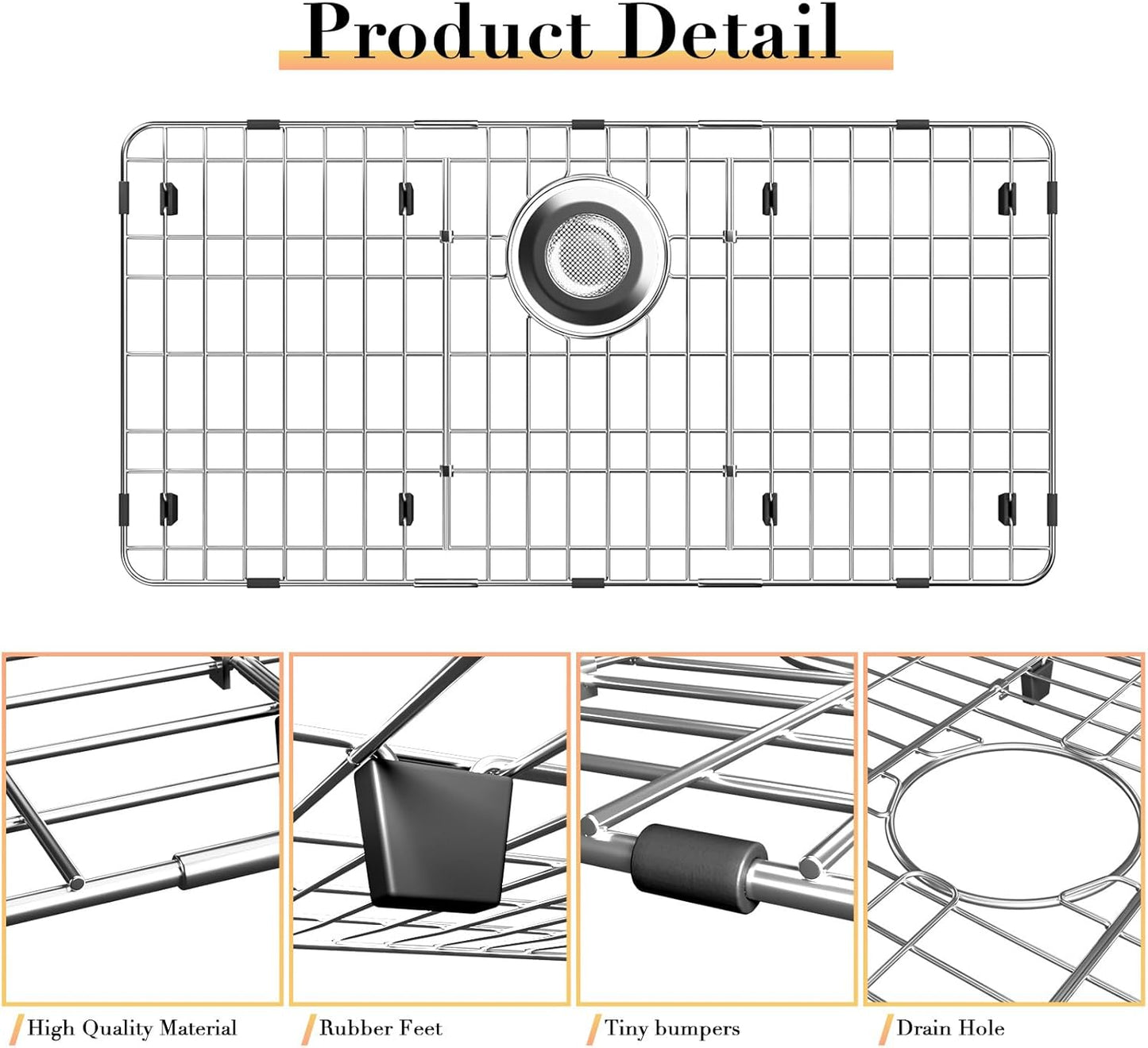 28-7/8’’ x 14-3/8’’ Stainless Steel Sink Protector, Sink Protectors for Kitchen Sink, Sink Grid, Sink Grate for Bottom with Rear Drain, Metal Sink Rack for Bottom of Sink with Corner Radius