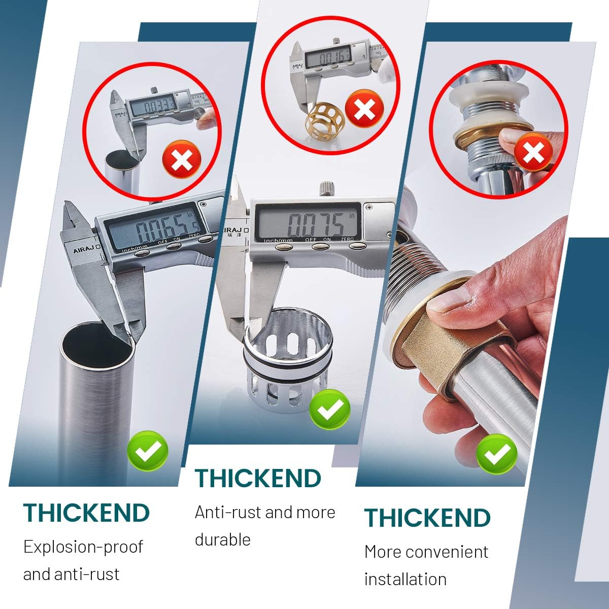 Bathroom Sink Drain with Overflow, Brushed Nickel Pop Up Drain 2 Pack, All Metal Bathroom Sink Stopper for Vanity Vessel Sink, Stainless Steel and Brass, RM083J-P2