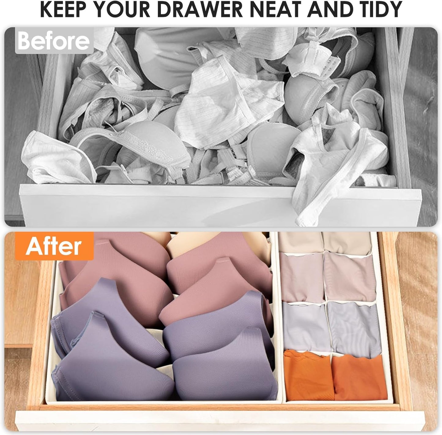 Drawer Organizer Clothes, 8 Pack Dresser Organizer Bins for Baby Clothes, Underwear Sock, Fabric Closet Organization and Storage Dividers for Nursery Bedroom (48 Compartments, Beige)