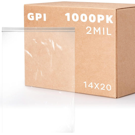 GPI CASE of 1000, 14" x 20" Clear Plastic RECLOSABLE Zip Bags - Bulk 2 mil Thick Strong & Durable Poly Baggies with Resealable Zip Top Lock for Travel, Storage, Packaging & Shipping.