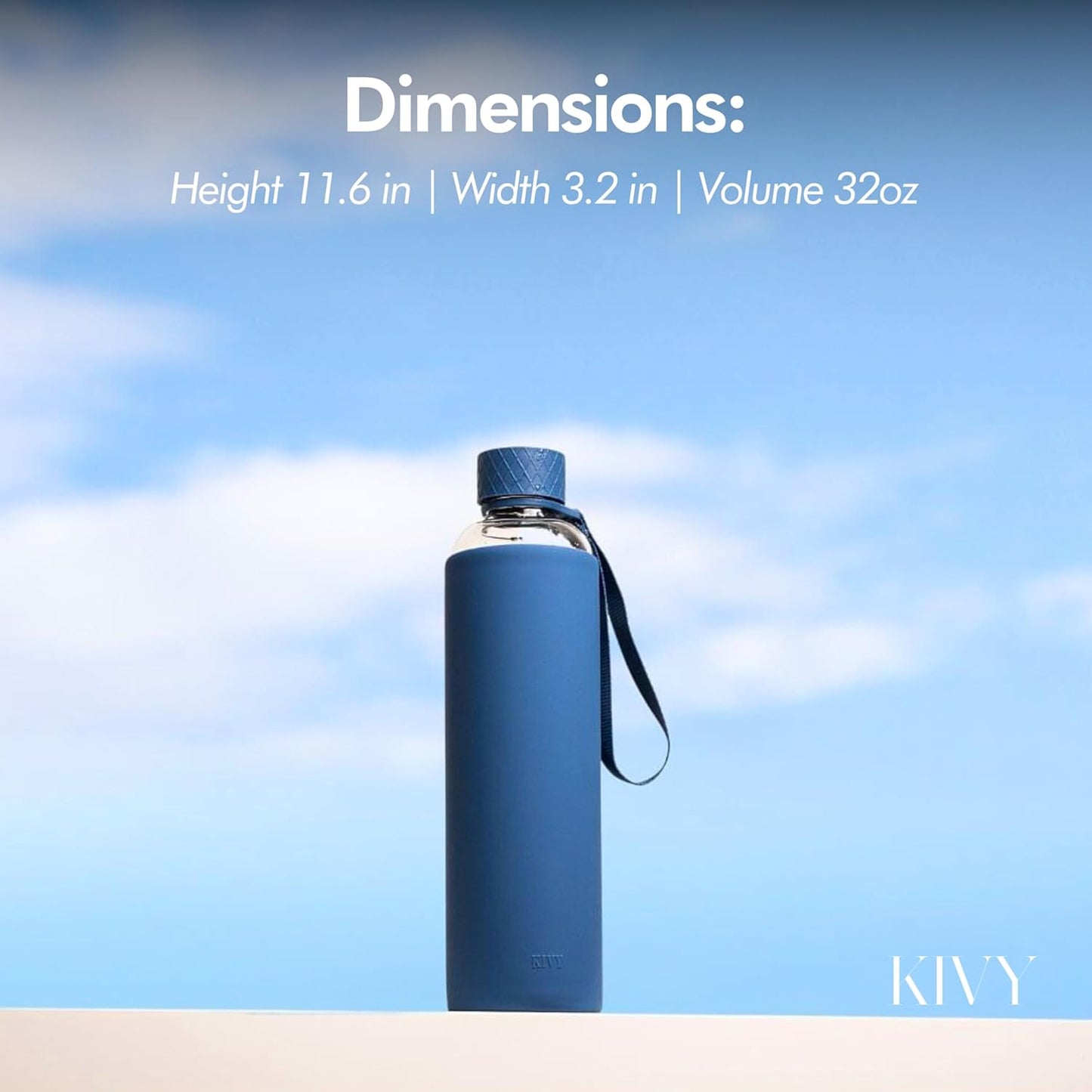 KIVY Glass Water Bottle with Silicone Sleeve 32 oz [WITH MEASUREMENT] - Borosilicate Glass Water Bottle Screw Top - Clear Bottles with Measurement Marking - Slim Waterbottle Aesthetic - Blue