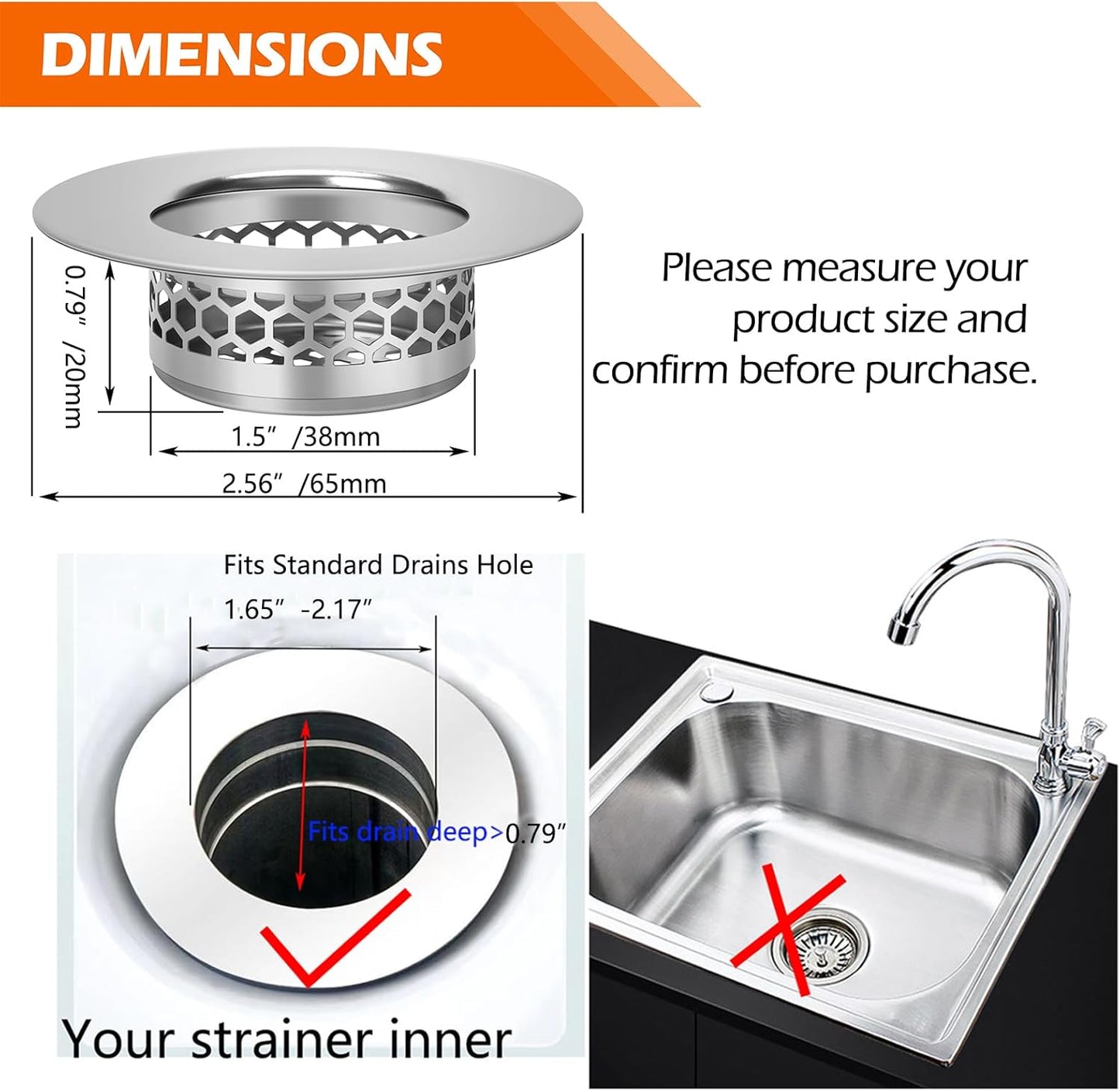 Hair Catcher Shower Drain Bathtub Lavatory Sink Drain Strainer for Laundry, Mop Pool, Utility, Slop, RV Sink, Stainless Steel Drain Filter。Fit Hole Size from 1.65-2.17" ，2Pack (1.5”)