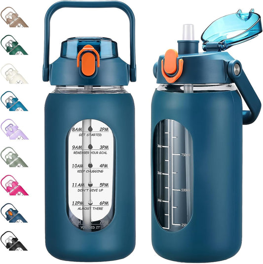 kytffu 42oz Glass Water Bottles with Straw, Motivational Glass Bottle with Silicone Sleeve and Time Marker, Leakproof Large Glass Water Jug for Gym Home Office,Blue