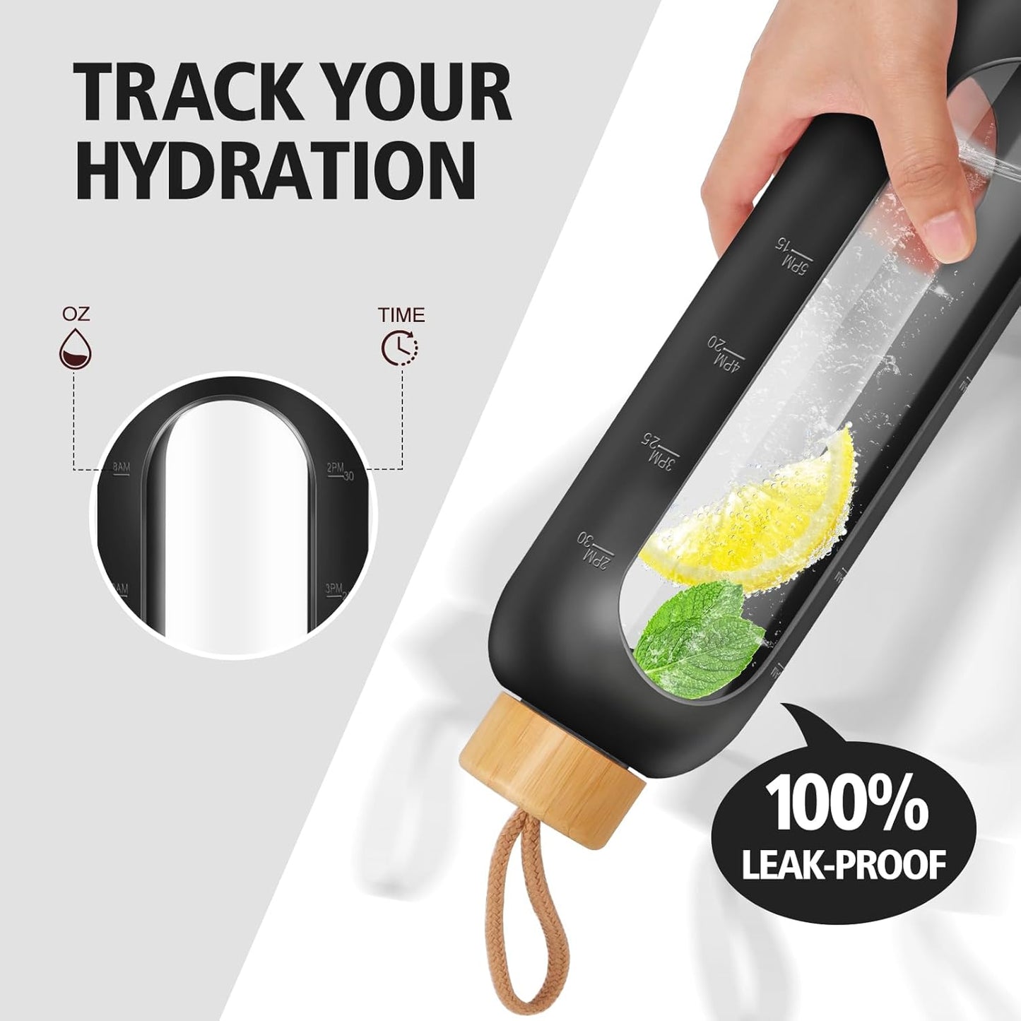 Glass Water Bottles 32 oz - Motivational Drinking Glass Water Bottle with Silicone Sleeve, Straw & 2 Bamboo Lids - 1 Liter Clear Borosilicate Daily Intake Tumbler with Time Marker - Jet Black