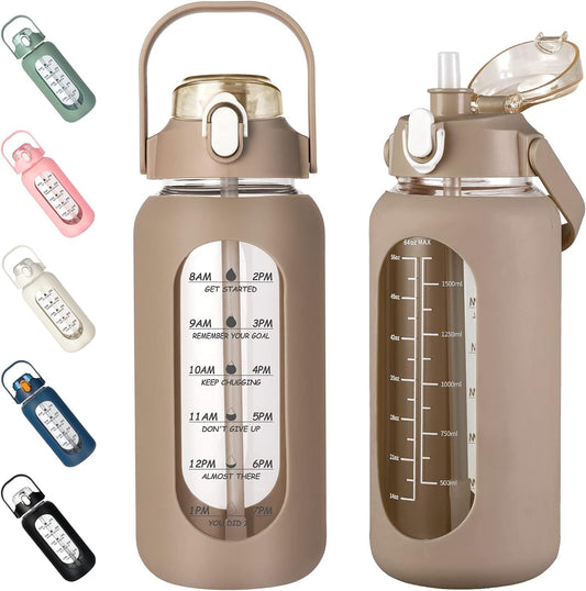 kytffu 64oz Glass Water Bottles with Straw, Half Gallon Motivational Glass Bottle with Silicone Sleeve and Time Marker, 2L Leakproof Large Glass Water Jug for Gym Home Office,Amber