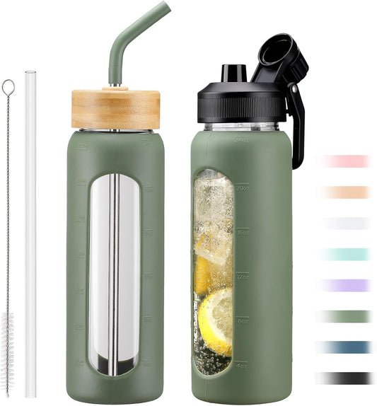 Glass Water Bottle with Straw, 24oz Glass Drinking Bottle with 2 Lids-Bamboo and Spout Lid with Phone Holder Handle for Gym Sports,with Silicone Sleeve and Time Marker,Olive