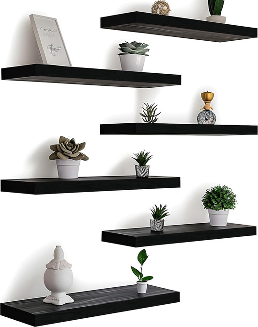 Wood Floating Shelves for Wall, Wooden Wall Shelves for Bedroom, Wall Mounted Shelves for Living Room, Set of 6 Black