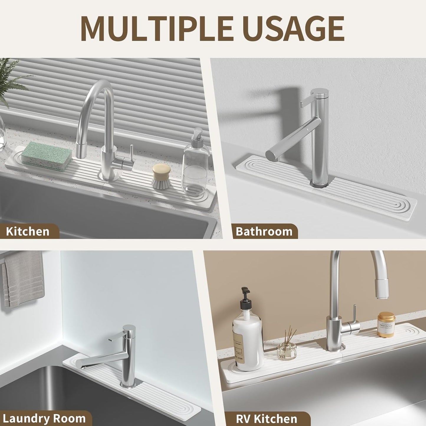 Faucet Mat for Kitchen Sink, Diatomite Stone Drying Sink Protectors, Bathroom Faucet Splash Guard, Quick Dry Water Absorbing, Non-Slip Stone Tray for Kitchen Counter, White, 23.6" x 3.9"