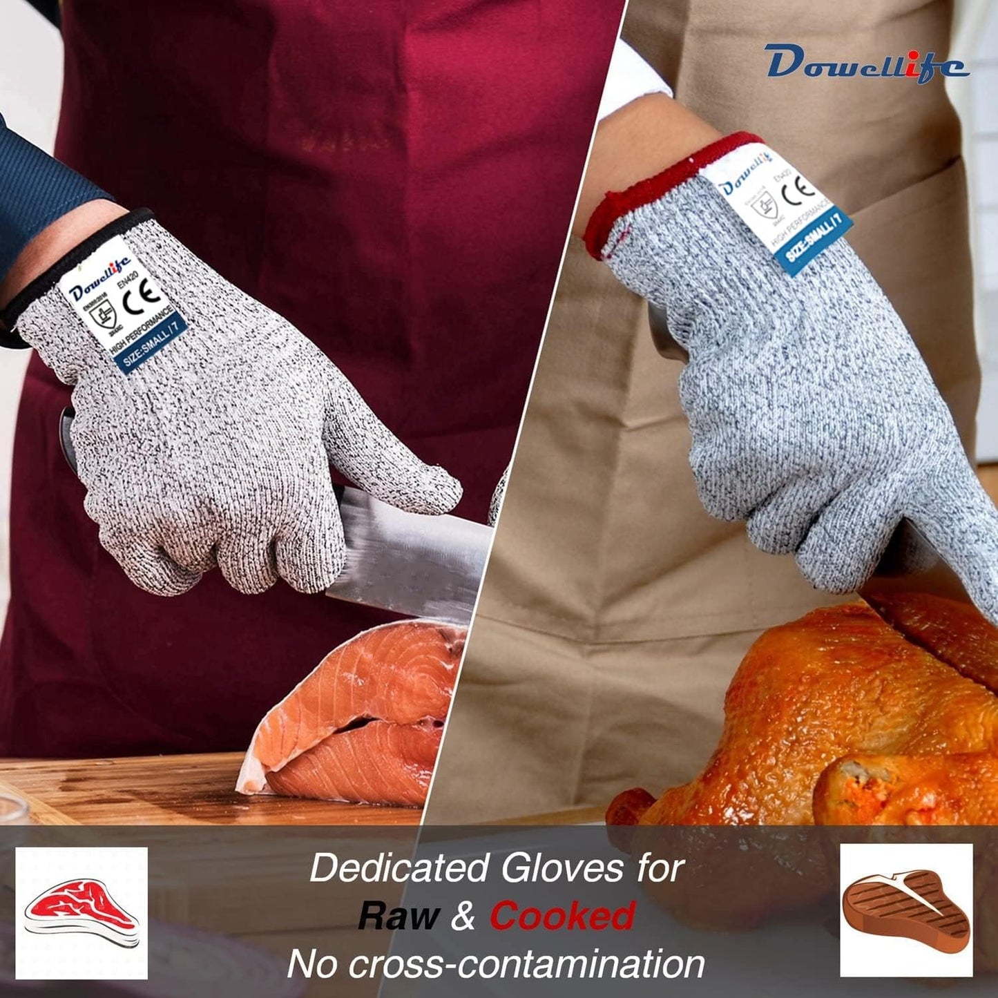 Dowellife Cut Resistant Gloves Food Grade Level 5 Protection, Safety Kitchen Cuts Gloves for Oyster Shucking, Fish Fillet Processing, Mandolin Slicing, Meat Cutting and Wood Carving. (Large-2 Pairs)