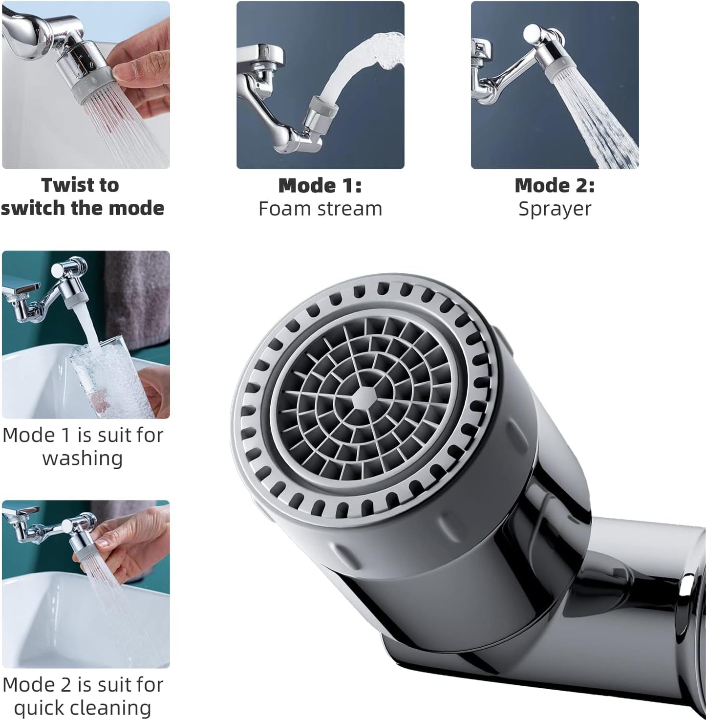 Swivel Sink Faucet Extender with 3 Axis Rotation, Butalso 3 Way Foldable Splash Filter Faucet Aerator, Kitchen/Bathroom Sink Adapter Sprayer Attachment for Gargle, Eyewash and Rinse