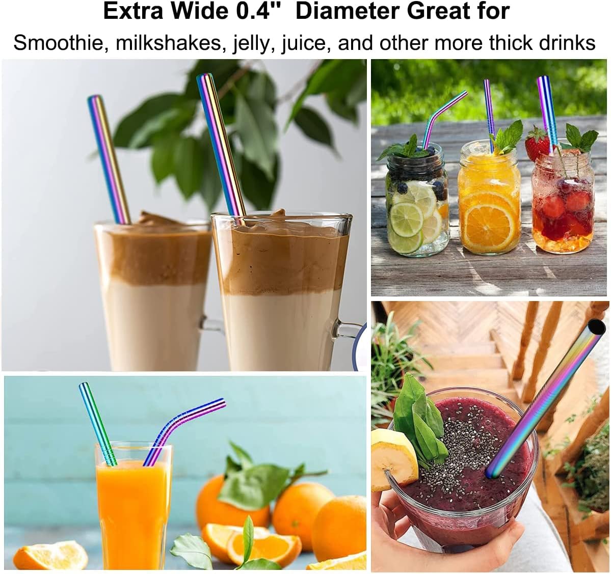 Vinaco Reusable Smoothie Straw, 0.4'' Extra Wide Stainless Steel Straw 10.5'' & 8.5'' Long colorful Straws, 6 Pack Metal Straw with 1 Reusable Straw Brush Cleaner for Milkshake, Smoothie, Bubble tea