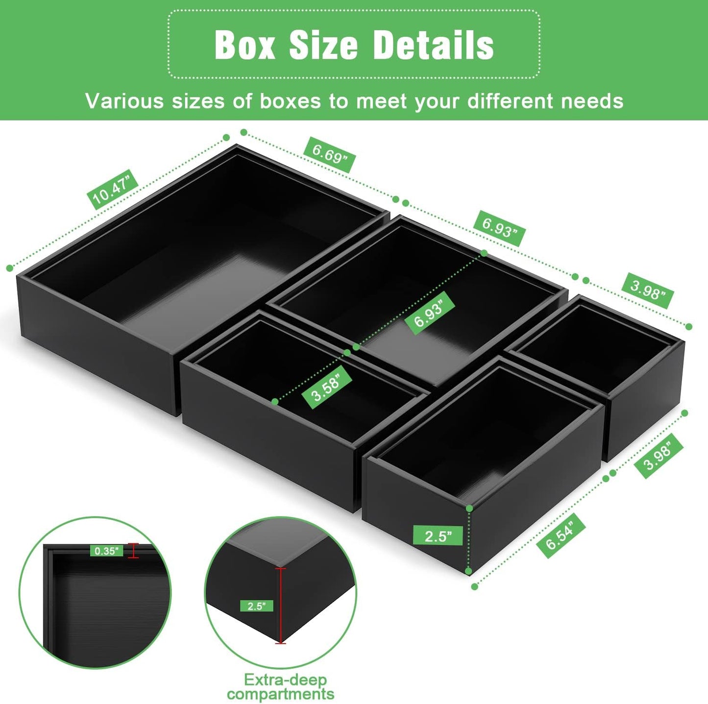 Black Bamboo Bathroom Drawer Organizer, Wooden Kitchen Utensil Holder Set of 5, Stackable Junk Drawer Organizer Tray, Multi-Use Storage Bins Boxs Dividers for Home, Office, Clothing, Makeup, Jewelry