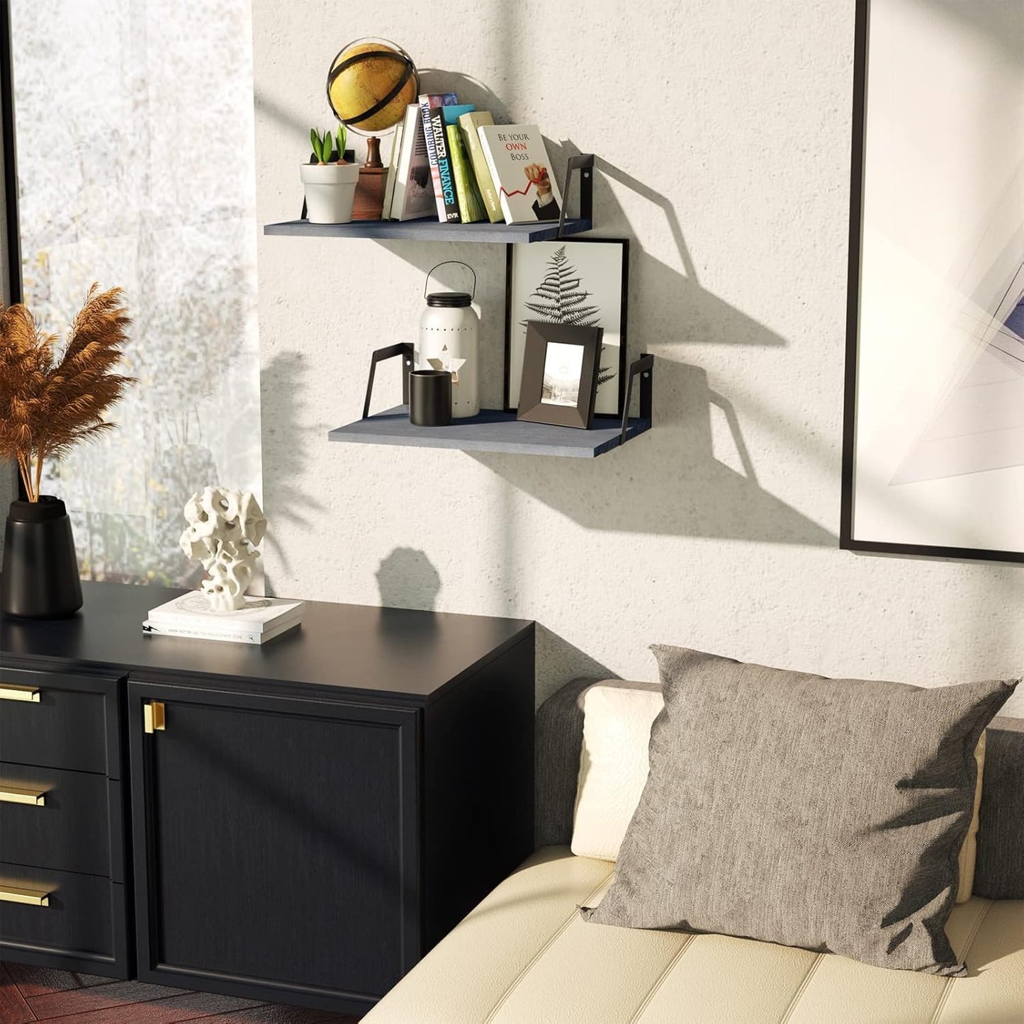 SRIWATANA Floating Shelves Wall Mounted Set of 2 Rustic Wood Shelves with Large Capacity(Weathered Gray)