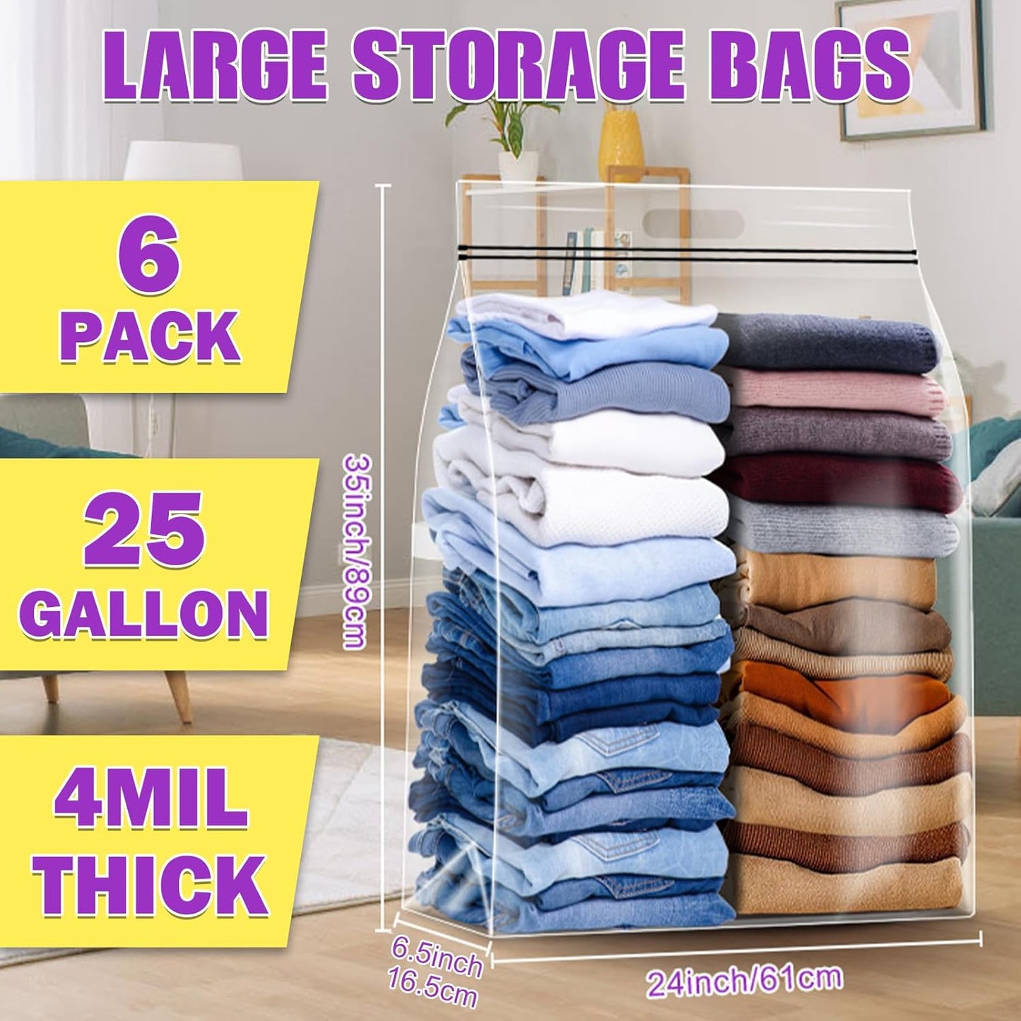25 Gallon Extra Large Storage Bags 35”x 24”Resealable Clear Bags with Handle 4 Mil Thick Heavy Duty Big Bag for Clothes Pillow Travel Moving,Bedding,Shoes and Toys Storage, Pack of 6