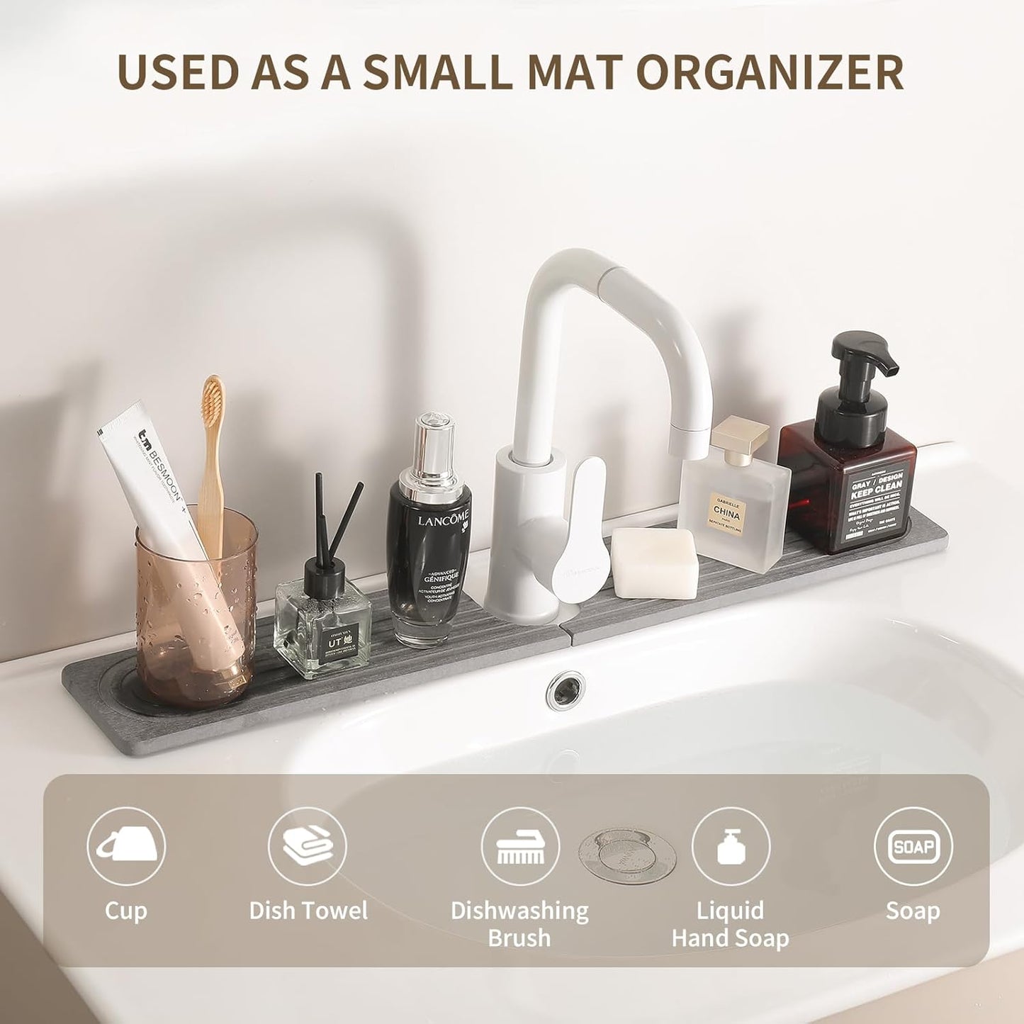 Faucet Mat for Kitchen Sink, Diatomite Stone Drying Sink Protectors, Bathroom Faucet Splash Guard, Quick Dry Water Absorbing, Non-Slip Stone Tray for Kitchen Counter, Grey, 23.6" x 3.9"