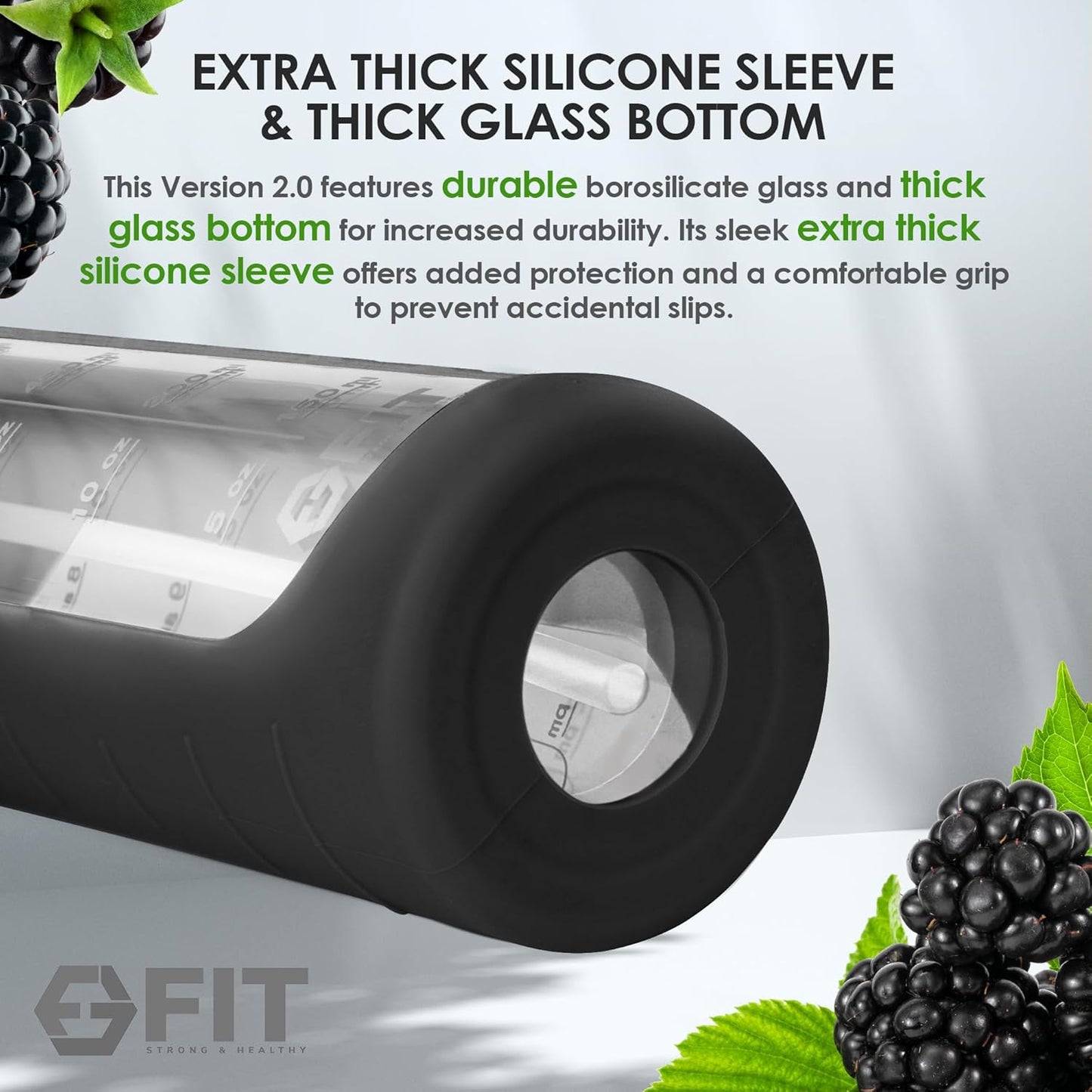 FIT Strong & Healthy 32 oz Glass Water Bottle with Straw Lid, Time Marker, Sleeve & Extra Lid - Motivational, Wide Mouth 1 Liter Glass Drinking Bottle