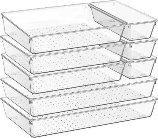 Criusia 8 Pack Drawer Organizer for Kitchen Gadgets, Large Clear Plastic Drawer Divider for Kitchen Accessories, Bathroom Organizers and Storage, Home Essentials for Makeup and Vanity Accessories
